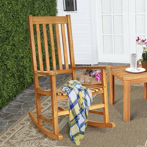 This rocking chair is constructed of premium acacia wood  which is corrosion-resistant and durable to support your long-term use. Â  Designed with contoured slatted seat  high back and widened armrest  the chair will give you comfortable sitting feeling t