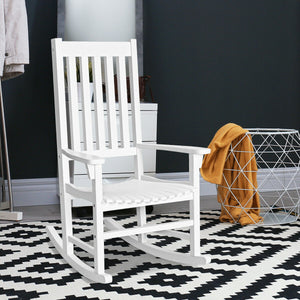 This rocking chair is constructed of premium acacia wood  which is corrosion-resistant and durable to support your long-term use. Â  Designed with contoured slatted seat  high back and widened armrest  the chair will give you comfortable sitting feeling t