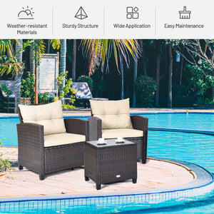 The strong and sturdy steel frame ensures the sturdiness of the set<br>Hand-woven rattan can withstand moderate rain or wind in outdoor<br>A wide armrest in suitable height is good for supporting and relaxing your arm<br>Thick and soft cushion with a high