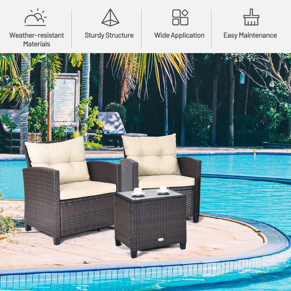 The strong and sturdy steel frame ensures the sturdiness of the set<br>Hand-woven rattan can withstand moderate rain or wind in outdoor<br>A wide armrest in suitable height is good for supporting and relaxing your arm<br>Thick and soft cushion with a high