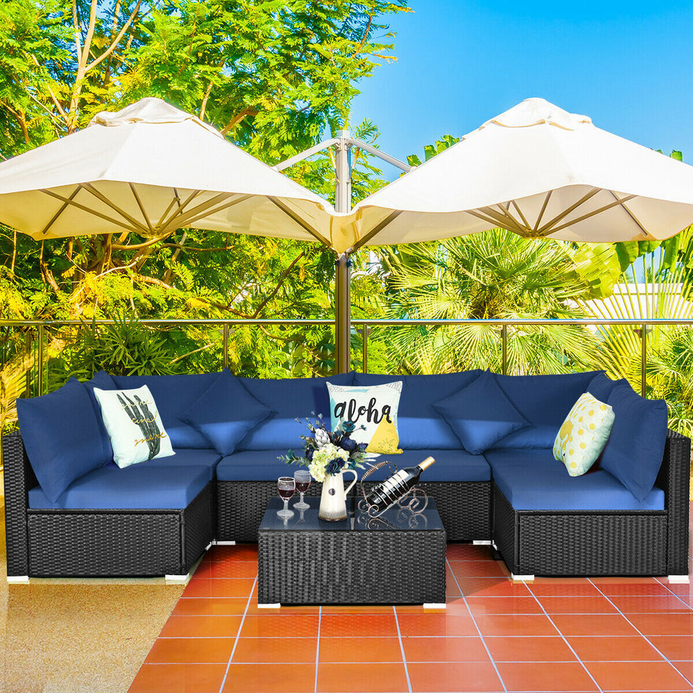 Free combination of sectional sofa as per your needs<br>Solid structure with L shape aluminum feet<br>Exquisite PE wicker frame adds unique charm<br>Comfortable sofa set with thick cushions and soft pillows<br>The cover of seat cushion is removable and wa