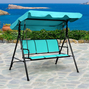 Able to comfortably sit and swing 3 people independently <br>Made of a high quality  weather-resistant steel frame with wide  sturdybase <br>Adjustable canopy design for optimal shade coverage and rain protection <br>Comfortable angle and well-ventilated 