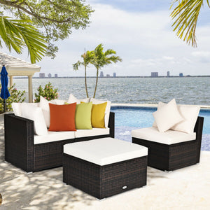 Includes 2 corner sofas  1armless table and 1 ottoman for versatile use<br>Sturdy powder-coated steel frame provides strong durability and stability<br>All-weather and wear-resistant PE rattan provides a long service life<br>Thick and soft sponge padded c