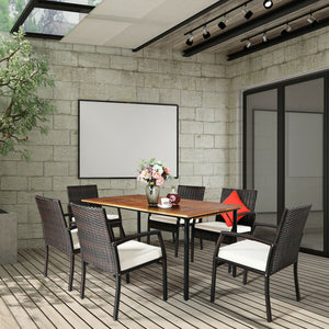 PE wicker and powder-coated steel frame ensure weather resistance<br>High-quality acacia wood enhances the sturdiness<br>Plastic foot pads protect the floor from scratches<br>Spacious table and 6 seats can fully meet the needs<br>Ergonomic armchair with b