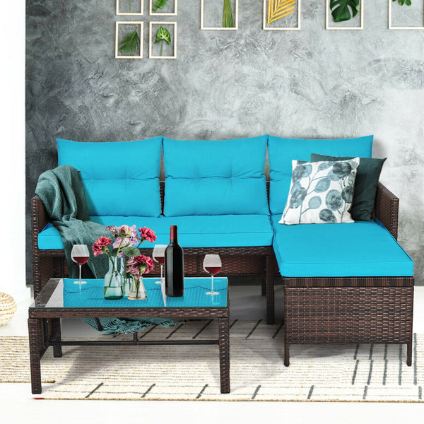 Outdoor sectional sofa  available for 3-4 friends comfortably with a glass table to hold food and drinks <br>Premium transparent tempered glass top  securely placed on the sturdy wicker table  more convenient to clean <br>L-shape design fits any corner of