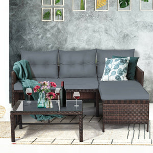 Outdoor sectional sofa  available for 3-4 friends comfortably with a glass table to hold food and drinks <br>Premium transparent tempered glass top  securely placed on the sturdy wicker table  more convenient to clean <br>L-shape design fits any corner of