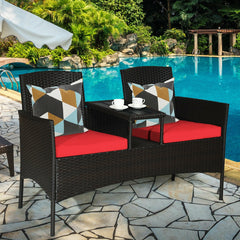 Made of high quality rattan with strong built-in frame structure<br>Poly table top is durable and safe to use<br>Trapezoid coffee table between two seats is practical<br>Cozy thick cushions double your comfy<br>The cushion cover with zipper is removable a