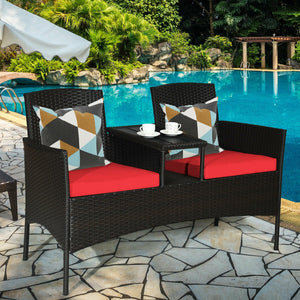 Made of high quality rattan with strong built-in frame structure<br>Poly table top is durable and safe to use<br>Trapezoid coffee table between two seats is practical<br>Cozy thick cushions double your comfy<br>The cushion cover with zipper is removable a