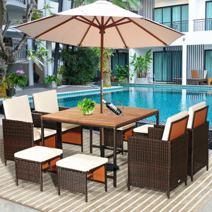 Made of PE wicker and sturdy steel frame ensuring weather resistance<br>Acacia wood tabletop makes sure the sturdiness and durability<br>Suitable for outdoor use with umbrella hole design<br>Cushioned seats with wide backrest bring you a comfortable exper