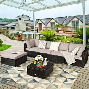Package includes 2 Corner sofas 2 Armless sofas 1 Ottoman 1 Tempered glass table 5 Seat cushions 6 Back cushions and 1 User guide<br>Sturdy and solid steel frame ensures the sturdiness of the set<br>Tight and hand-woven rattan wraps the steel frame<br>Thi