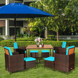 Made of PE wicker and sturdy steel frame ensuring weather resistance<br>Acacia wood tabletop makes sure the sturdiness and durability<br>Suitable for outdoor use with umbrella hole design<br>Cushioned seats with wide backrest bring you a comfortable exper