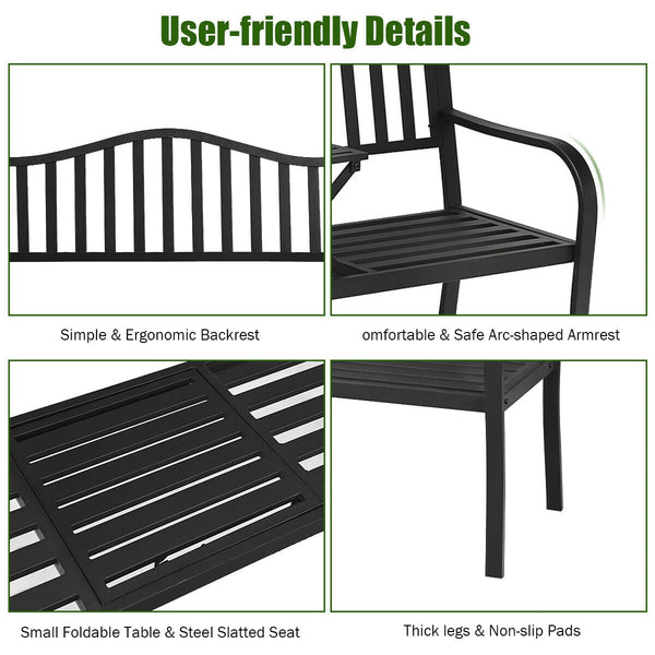 The practical garden bench provides you and your family or friends with the best place to relax. Â  The bench is made of rustproof powder-coated steel frame  which ensures durability and sturdiness for long servicing life. Besides  unique legs and non-sli
