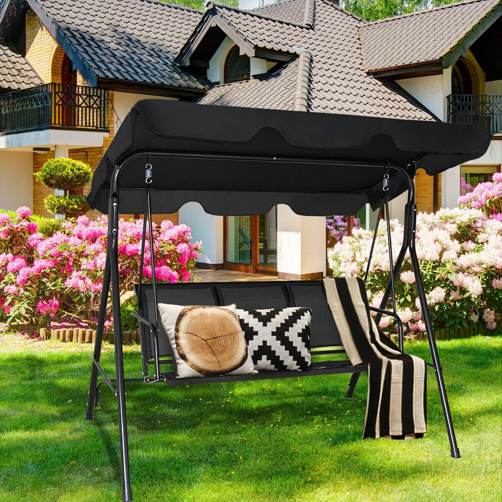 Able to comfortably sit and swing 3 people independently <br>Made of a high quality  weather-resistant steel frame with wide  sturdybase <br>Adjustable canopy design for optimal shade coverage and rain protection <br>Comfortable angle and well-ventilated 