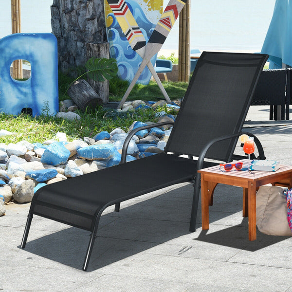 Don't leave the lounge chairs outside in rainy days for prolonging its' using life Made of Sun-proof and breathable fabric for long-lasting use  Powder-coated steel frame provides sturdy support Thick legs and anti-slip pads provide extra stability 5 adju