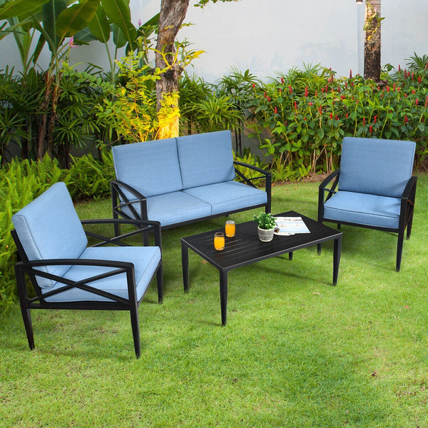 Have an intimate lounge time with this outdoor sofa set! Â  The patio sofa set is made up of 1 side table  2 single sofas and 1 loveseat with ample resting room. Each seat is cushioned with high density sponge covering with breathable and soft fabric. And