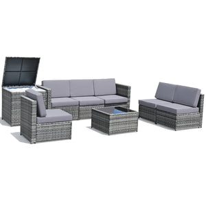 Including 6 sofas  1 storage box  1 coffee table  6 seat cushions and 6 back cushions <br>Sturdy iron frame and premium rattan for better durability <br>Large load-bearing capacity-- 360 lbs for each sofa and 110 lbs for coffee table <br>A storage box as 
