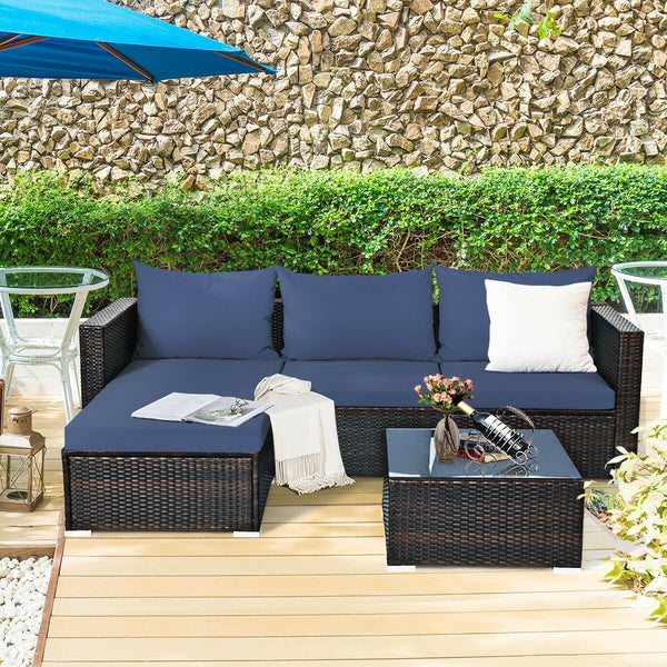 Package includes: 2 Corner chairs  1 Armless chair  1 Ottoman  1 Coffee table  4 Seat cushions  3 Back cushions  1 Instruction <br>Power-coated and solid steel frame adds sturdiness to the set <br>Tight and hand-woven rattan wraps the steel frame <br>Spac