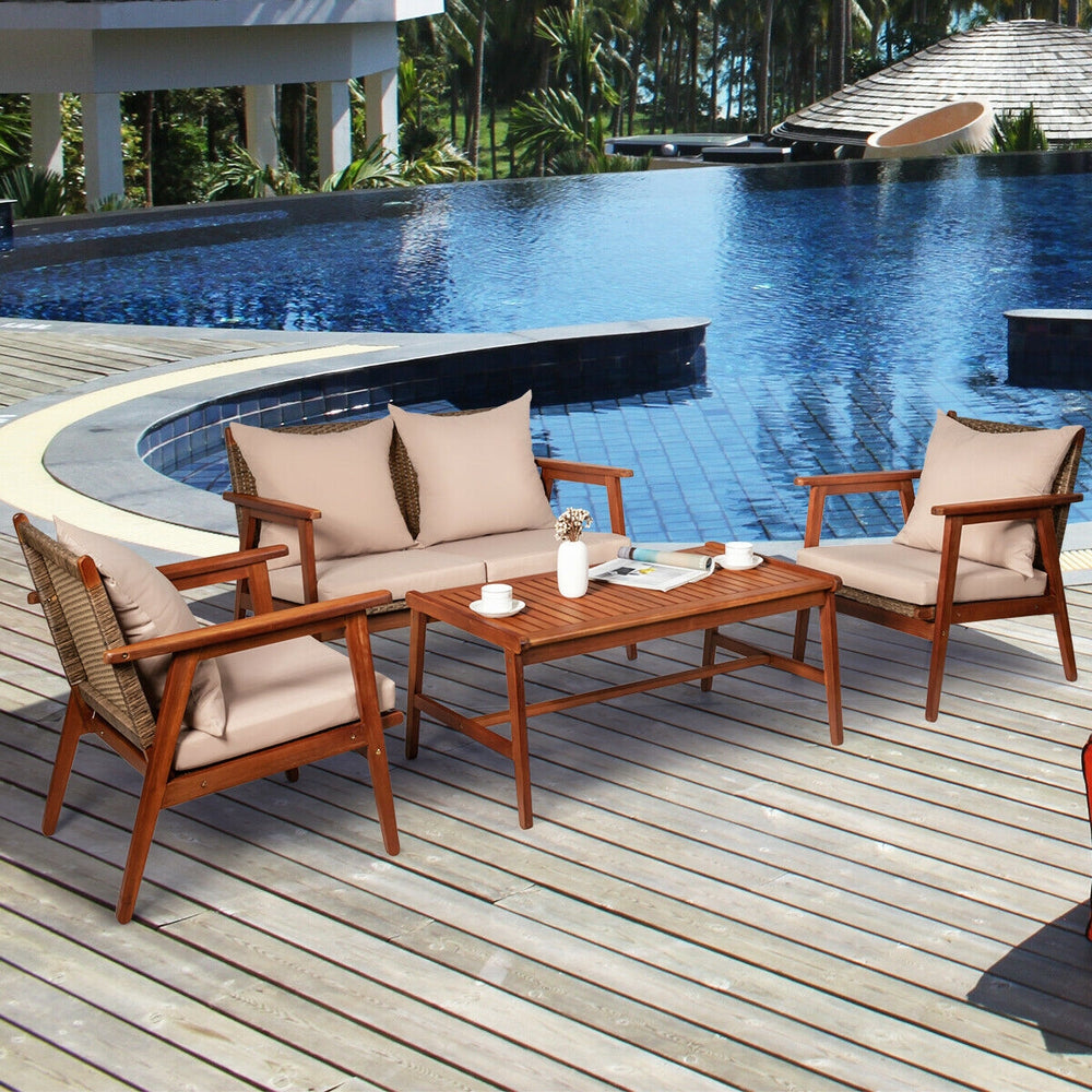Including 2 x Single sofa  1 x Loveseat  1 x Coffee table  4 x Seat cushion  4 x Back cushion  1 x User guide<br>Hand-woven rattan is breathable and comfortable<br>Thick and soft cushions will provide you excellent comfort<br>Cover with the zipper of the 