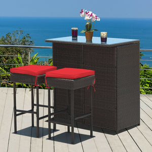 Strong metal frame and wrapped with rattan wicker<br>Including 2 stools and 1 table<br>Special design of the shelve for storage<br>Tempered glass top with good heat-durability<br>Soft and thick cushion provides comfortable sitting experience<br>Zippered c
