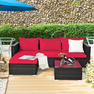 Package includes: 2 Corner chairs  1 Armless chair  1 Ottoman  1 Coffee table  4 Seat cushions  3 Back cushions  1 Instruction <br>Power-coated and solid steel frame adds sturdiness to the set <br>Tight and hand-woven rattan wraps the steel frame <br>Spac