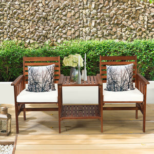 The functional loveseat brings color and pleasure to your outdoor space. Â  Made of premium acacia wood  this set has sturdy and durable construction. Paired with soft sponge cushions and high backrests  this conversation set provides upgraded comfort for