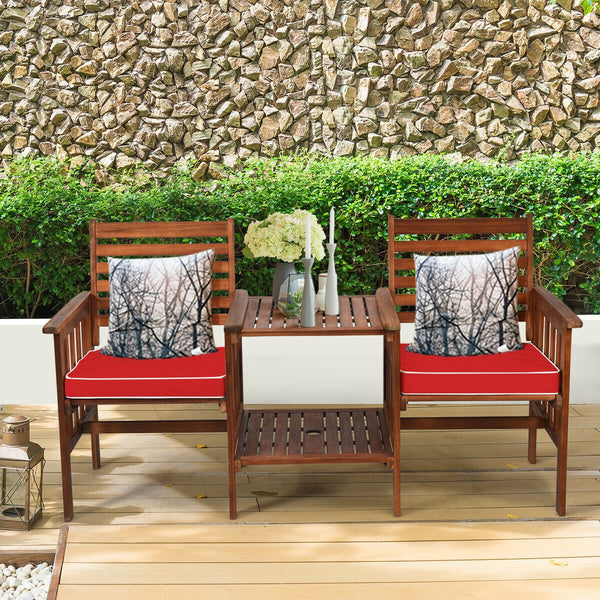 The functional loveseat brings color and pleasure to your outdoor space. Â  Made of premium acacia wood  this set has sturdy and durable construction. Paired with soft sponge cushions and high backrests  this conversation set provides upgraded comfort for