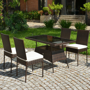 High-quality steel materials can ensure to last<br>Durable and weather-resistant PE rattan provides a long service life<br>The dining table with a tempered glass top provides spacious dining space<br>The cushions with hook and loop fasteners make you feel