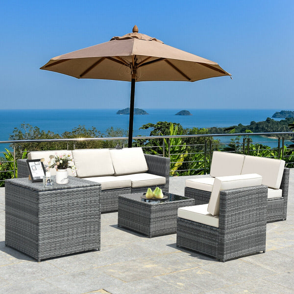 Including 6 sofas  1 storage box  1 coffee table  6 seat cushions and 6 back cushions <br>Sturdy iron frame and premium rattan for better durability <br>Large load-bearing capacity-- 360 lbs for each sofa and 110 lbs for coffee table <br>A storage box as 
