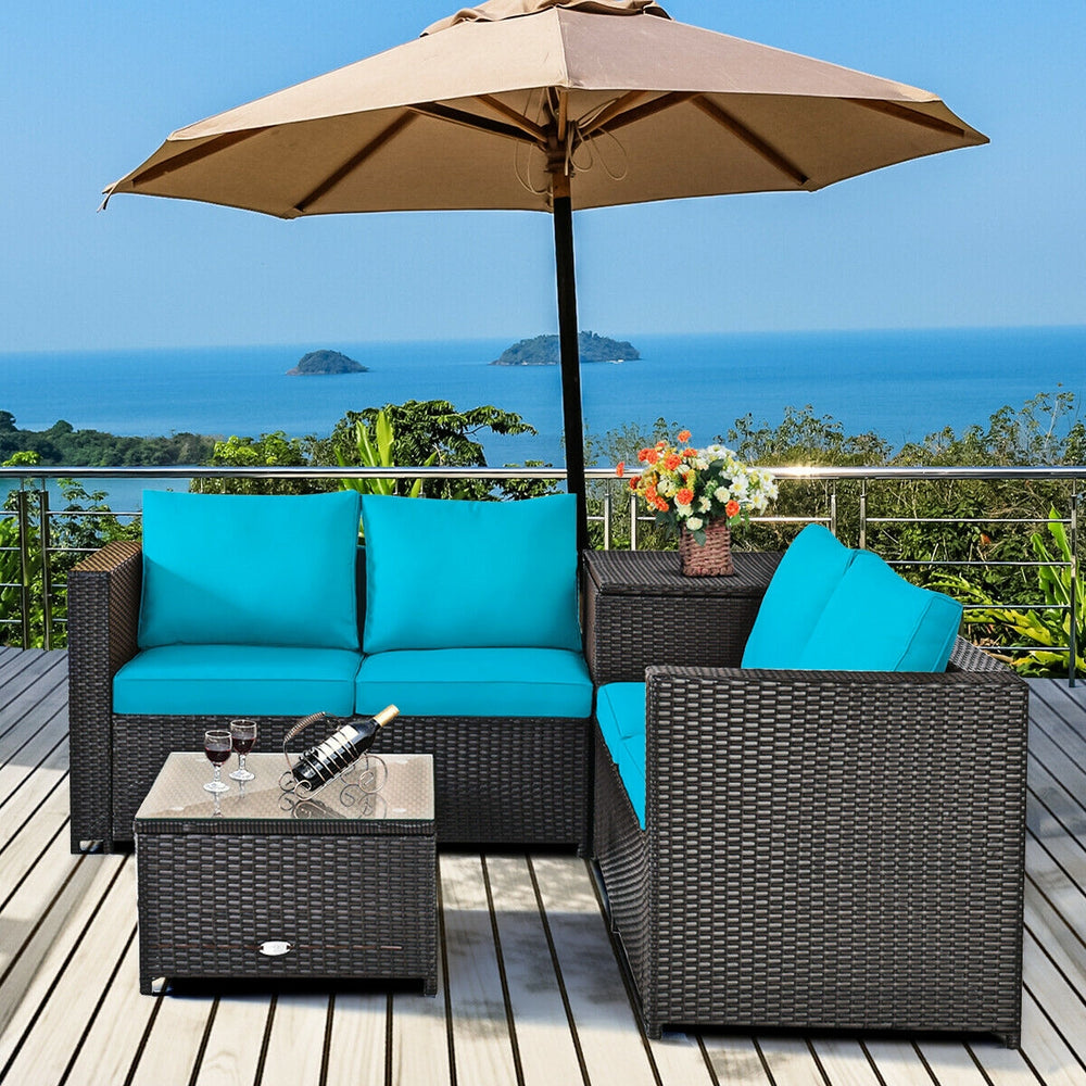 Made of rattan with good toughness and weather-resistant function<br>Reinforced steel frame with excellent stability<br>Padded seat and back cushions for soft and comfortable sitting feeling<br>Coffee table with tempered glass for strong supporting<br>End