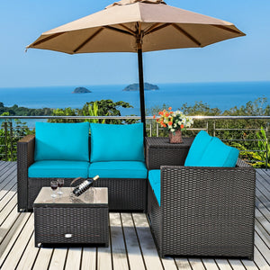 Made of rattan with good toughness and weather-resistant function<br>Reinforced steel frame with excellent stability<br>Padded seat and back cushions for soft and comfortable sitting feeling<br>Coffee table with tempered glass for strong supporting<br>End