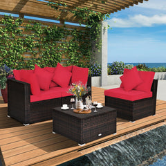 Includes 2 corner sofas  1armless table and 1 ottoman for versatile use<br>Sturdy powder-coated steel frame provides strong durability and stability<br>All-weather and wear-resistant PE rattan provides a long service life<br>Thick and soft sponge padded c