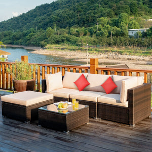 Including 1 armless sofa  2 corner sofas  1 ottoman  and 1 coffee table for a versatile use<br>Sturdy steel frame and durable PE rattan for long time use<br>4'' thick cushions to provide extraordinary comfort<br>Equipped with 2 extra soft pillows for bett
