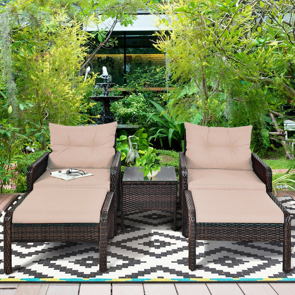 Includes 2 single chairs  2 ottomans and a side table<br>Heavy-duty metal frame with great sturdiness<br>All-weather PE rattan durable for outdoor use<br>Long-lasting tempered glass table smooth for wiping<br>3" thick cushions for excellent softness<br>Re