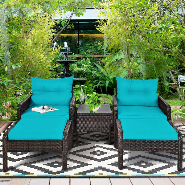 Includes 2 single chairs  2 ottomans and a side table<br>Heavy-duty metal frame with great sturdiness<br>All-weather PE rattan durable for outdoor use<br>Long-lasting tempered glass table smooth for wiping<br>3" thick cushions for excellent softness<br>Re