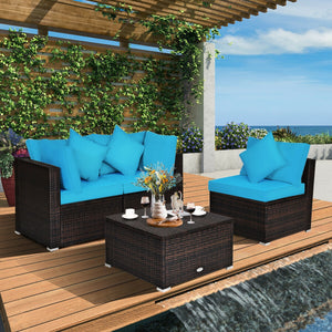 Includes 2 corner sofas  1armless table and 1 ottoman for versatile use<br>Sturdy powder-coated steel frame provides strong durability and stability<br>All-weather and wear-resistant PE rattan provides a long service life<br>Thick and soft sponge padded c