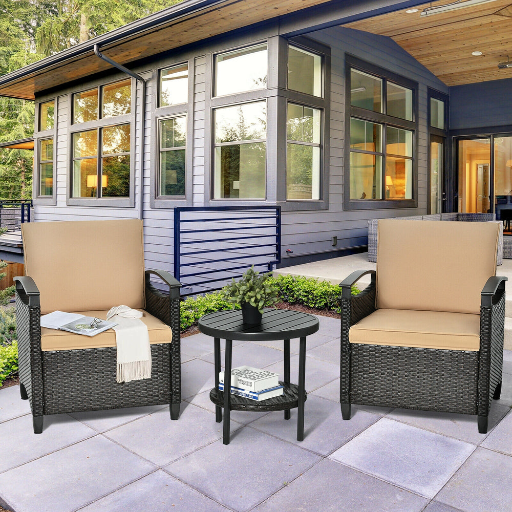 It is made of high-quality rattan material and a heavy-duty steel frame  which is solid and durable for outdoor use.  Anti-skid mats at the bottom ensure the overall stability and protect the floor. And the rust-resistant tabletop is easy to clean and the