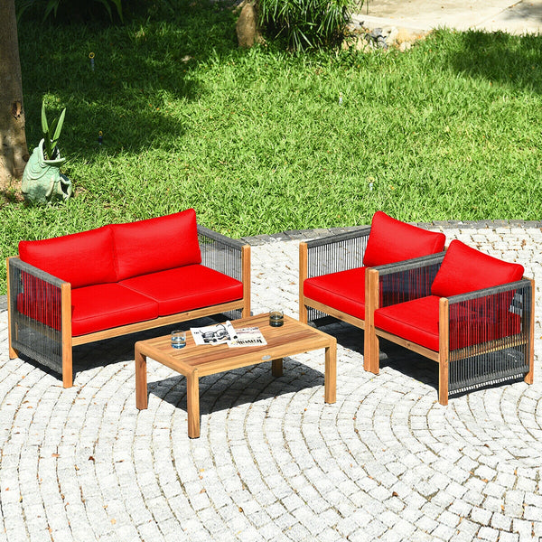 Solid and hard wooden frame enhances sturdiness of the set. <br>Rearrangeable in various configurations to meet your varying needs <br>Thick and soft cushions provide an excellent comfort. <br>Elegant and tight nylon rope decorated armrest. <br>Zipper int