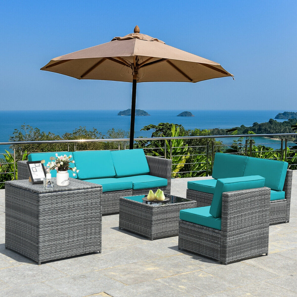 Including 6 sofas  1 storage box  1 coffee table  6 seat cushions and 6 back cushions <br>Sturdy iron frame and premium rattan for better durability <br>Large load-bearing capacity-- 360 lbs for each sofa and 110 lbs for coffee table <br>A storage box as 