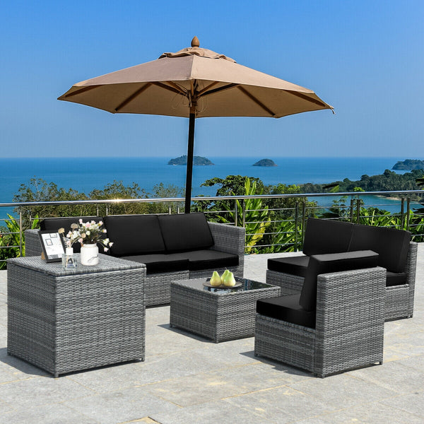 Including 6 sofas  1 storage box  1 coffee table  6 seat cushions and 6 back cushions <br>Sturdy iron frame and premium rattan for better durability <br>Large load-bearing capacity-- 360 lbs for each sofa and 110 lbs for coffee table <br>A storage box as 