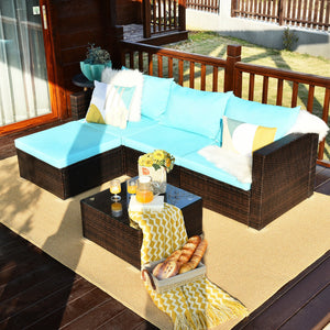 Package includes: 2 Corner chairs  1 Armless chair  1 Ottoman  1 Coffee table  4 Seat cushions  3 Back cushions  1 Instruction <br>Power-coated and solid steel frame adds sturdiness to the set <br>Tight and hand-woven rattan wraps the steel frame <br>Spac