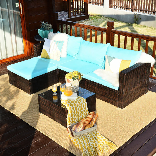 Package includes: 2 Corner chairs  1 Armless chair  1 Ottoman  1 Coffee table  4 Seat cushions  3 Back cushions  1 Instruction <br>Power-coated and solid steel frame adds sturdiness to the set <br>Tight and hand-woven rattan wraps the steel frame <br>Spac