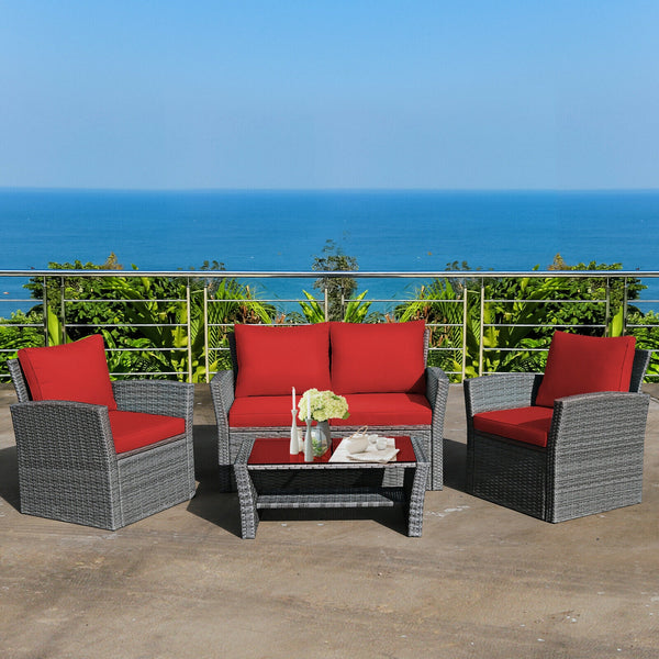 Includes 2 armchairs  1 loveseat and 1 coffee table for versatile use<br>Sturdy power coated steel frame provides strong durability and stability<br>Thick tempered glass tabletop to hold your drinks  meals and more<br>Coffee table with a spacious shelf pr