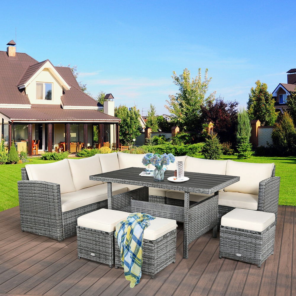 Packages include 3 loveseats  3 ottomans  1 table  6 seat cushions  7 back cushions  and instruction<br>Packages come in 4 boxes<br>Powder-coated steel structure provides strong durability and stability<br>All-weather and wear-resistant rattan ensures lon