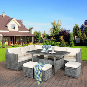 Packages include 3 loveseats  3 ottomans  1 table  6 seat cushions  7 back cushions  and instruction<br>Packages come in 4 boxes<br>Powder-coated steel structure provides strong durability and stability<br>All-weather and wear-resistant rattan ensures lon