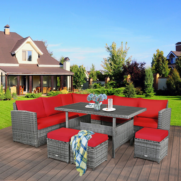 Packages include 3 loveseats  3 ottomans  1 table  6 seat cushions  7 back cushions  and instruction<br>Packages come in 4 boxes<br>Powder-coated steel structure provides strong durability and stability<br>All-weather and wear-resistant rattan ensures lon