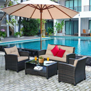 Consist of 2 single sofas  1 loveseat and a tea table <br>Ergonomics chair back and armrest shape design <br>Different combinations according to your needs <br>Sturdy steel frame  stable and not easy to shake <br>High quality PE rattan wicker  high-grade 