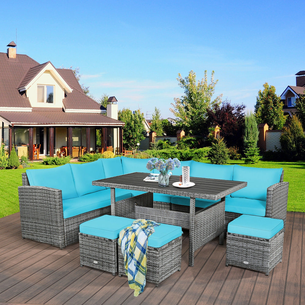 Packages include 3 loveseats  3 ottomans  1 table  6 seat cushions  7 back cushions  and instruction<br>Packages come in 4 boxes<br>Powder-coated steel structure provides strong durability and stability<br>All-weather and wear-resistant rattan ensures lon