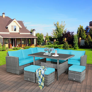 Packages include 3 loveseats  3 ottomans  1 table  6 seat cushions  7 back cushions  and instruction<br>Packages come in 4 boxes<br>Powder-coated steel structure provides strong durability and stability<br>All-weather and wear-resistant rattan ensures lon