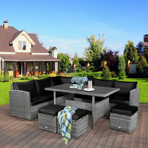 Packages include 3 loveseats  3 ottomans  1 table  6 seat cushions  7 back cushions  and instruction<br>Packages come in 4 boxes<br>Powder-coated steel structure provides strong durability and stability<br>All-weather and wear-resistant rattan ensures lon