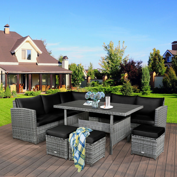 Packages include 3 loveseats  3 ottomans  1 table  6 seat cushions  7 back cushions  and instruction<br>Packages come in 4 boxes<br>Powder-coated steel structure provides strong durability and stability<br>All-weather and wear-resistant rattan ensures lon